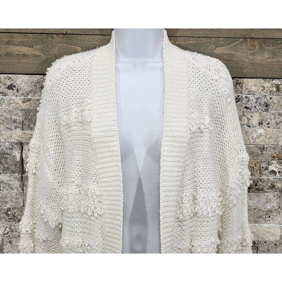 Womens Open Cardigan Sweater Pockets Long Chunky Knit Cream Boho Coastal Large - Picture 11 of 15